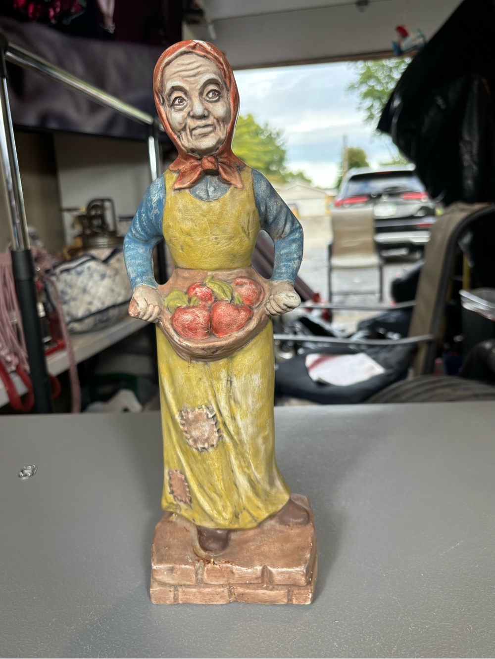 Signed R.E. Peavler Folk Art Woman with Apples Figurine 13” Hand Painted